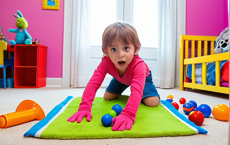 A child's playroom filled with toys that have come to life, engaging in a whimsical rebellion against dust bunnies under the bed, capturing the humor and insight of a child's imagination. Focus on bright, playful colors and dynamic action.