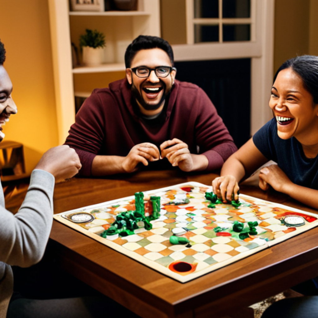 놀이를 통한 감정 표현 - Board Game Night**
"A group of diverse friends laughing and strategizing around a board game table ...