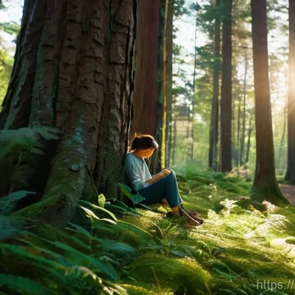 자연 탐구 활동 - **"Mindful Forest Bathing"**: A serene, naturalistic photograph capturing a person (gender-neutral, ...