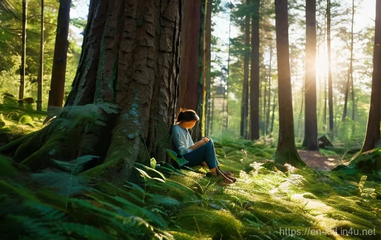 자연 탐구 활동 - **"Mindful Forest Bathing"**: A serene, naturalistic photograph capturing a person (gender-neutral, ...