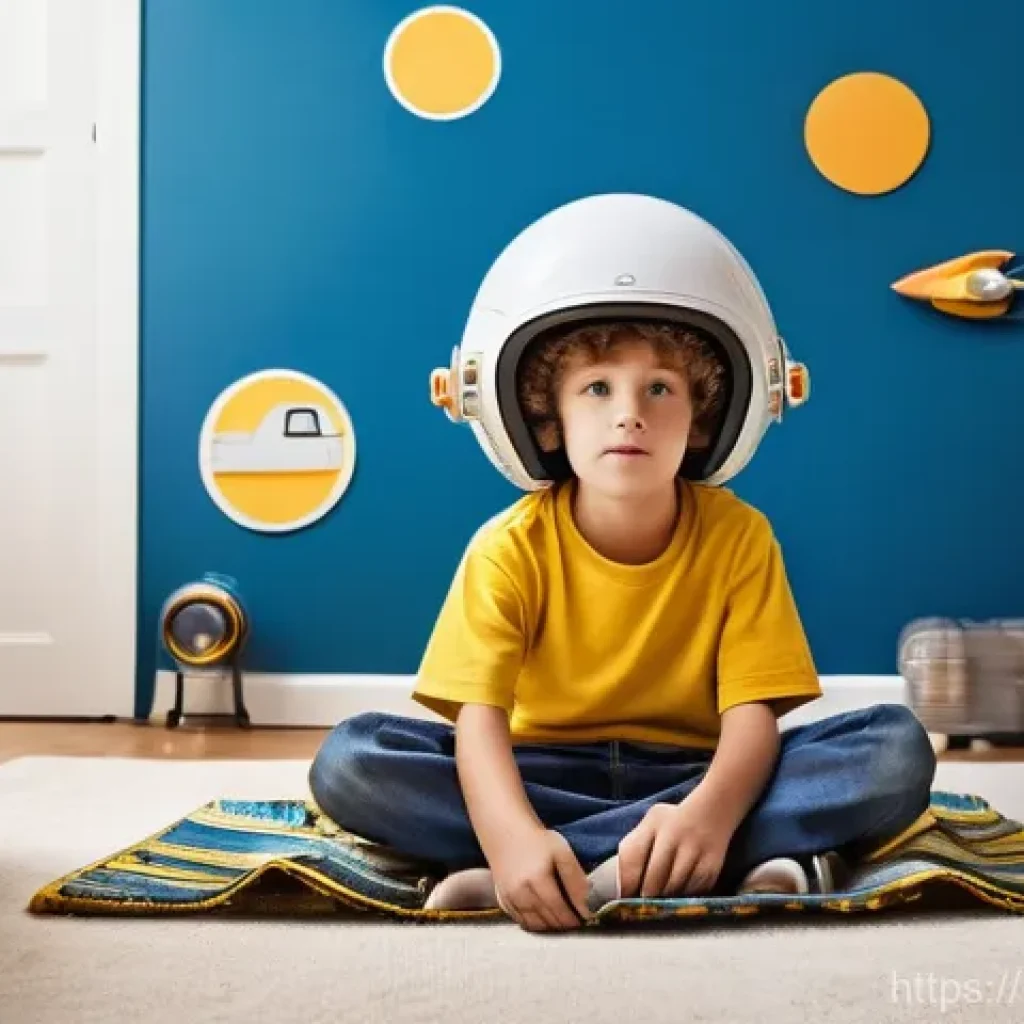 유아기 상상력 놀이 - **Prompt:** A curious 7-year-old boy in a bright yellow t-shirt and blue jeans, deeply engrossed in ...