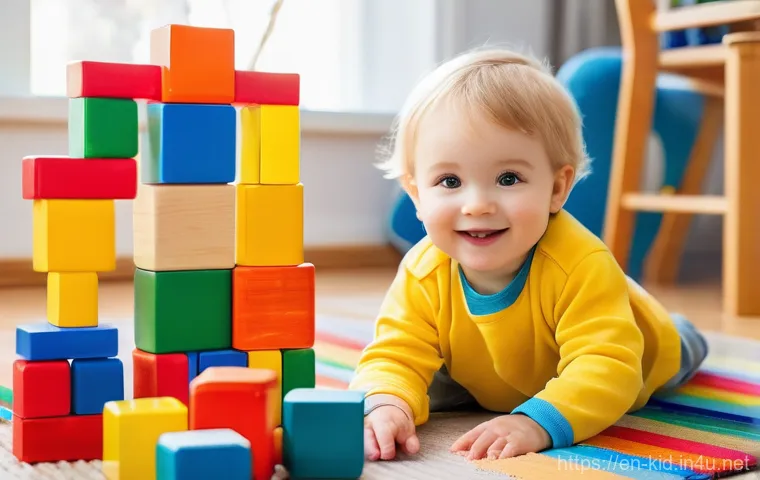 유아기 사고력 발달 프로그램 - **"The Architect of Imagination"**: A vibrant, slightly elevated, eye-level shot of a cheerful child...