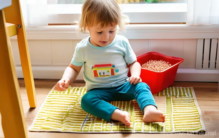 감각 놀이 교구 만들기 - **Prompt 1: Kitchen Pantry Sensory Adventure**
A happy, engaged 4-year-old child, sitting comfor...