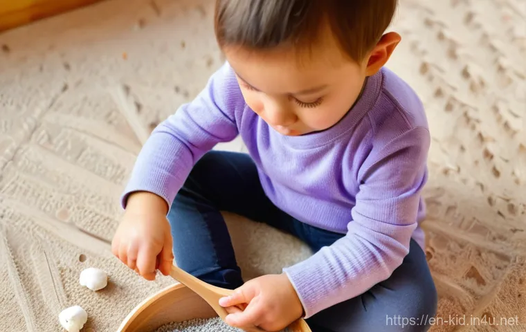 감각 놀이 교구 만들기 - **Prompt 1: Kitchen Pantry Sensory Adventure**
    A happy, engaged 4-year-old child, sitting comfor...