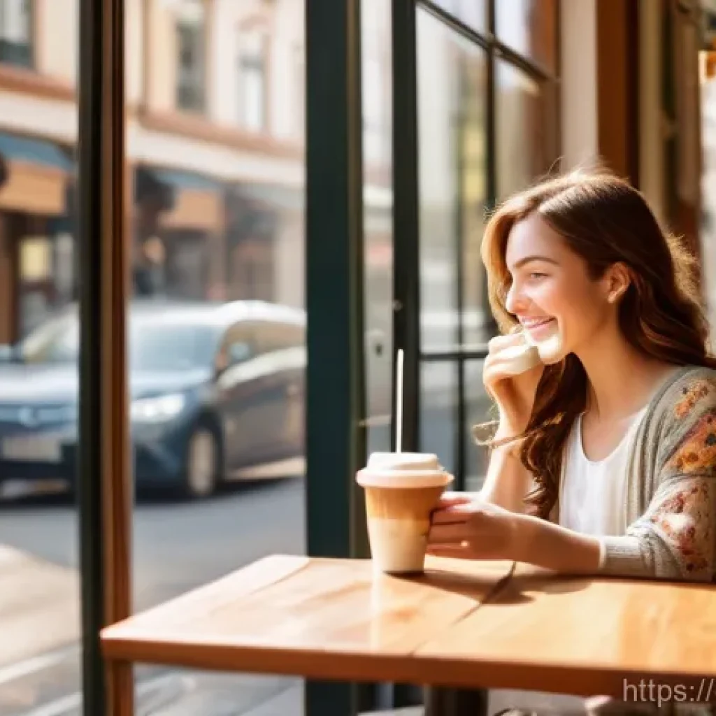 유아 STEAM 교육 - A cozy, sunlit cafe scene on a bustling city street. A young woman with shoulder-length wavy brown h...