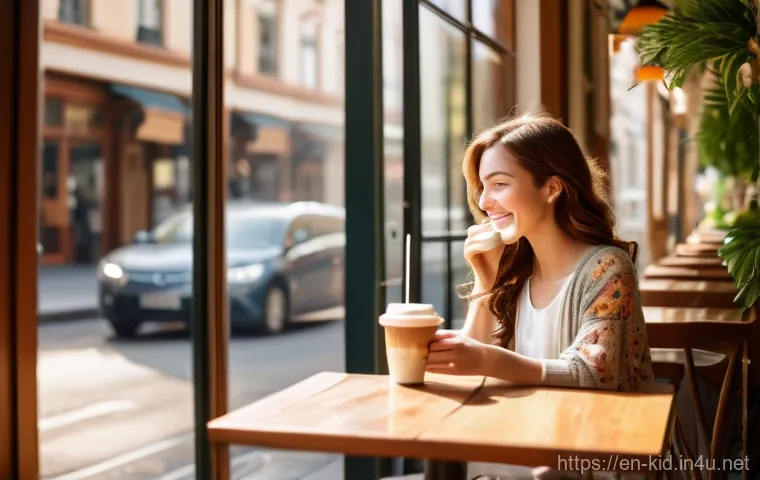 유아 STEAM 교육 - A cozy, sunlit cafe scene on a bustling city street. A young woman with shoulder-length wavy brown h...