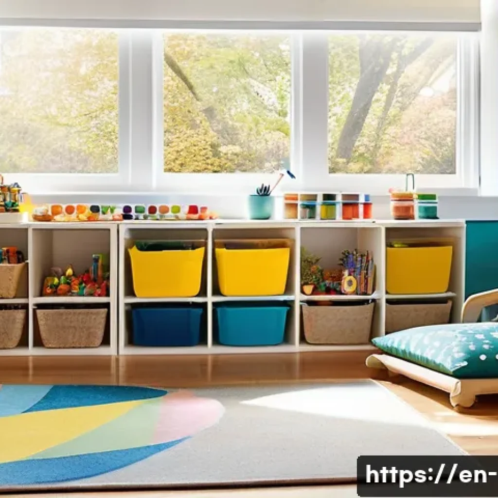 유아기 창작 활동 지도 - A bright and inviting children&rsquo;s playroom filled with open shelves displaying art supplies like colo...