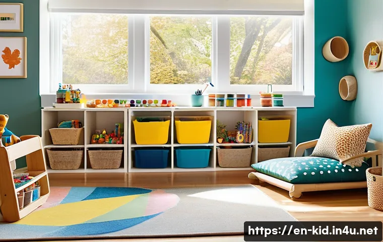 유아기 창작 활동 지도 - A bright and inviting children&rsquo;s playroom filled with open shelves displaying art supplies like colo...