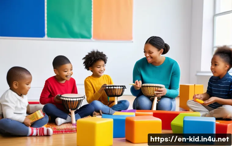 유아기 다중지능 이론 - A diverse group of young children playing collaboratively in a bright, colorful classroom filled wit...