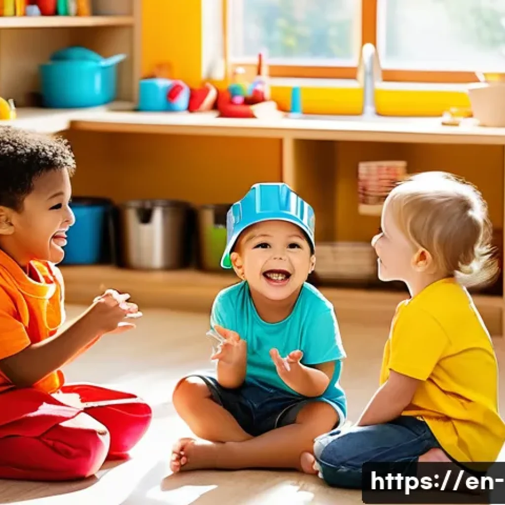 영유아 놀이 중심 교육 - A lively preschool classroom scene showing a diverse group of young children engaged in imaginative ...