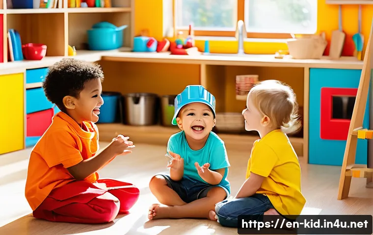 영유아 놀이 중심 교육 - A lively preschool classroom scene showing a diverse group of young children engaged in imaginative ...