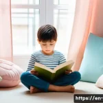 Home 22 기질별 맞춤 양육법 - A warm, cozy scene of a sensitive child sitting quietly in a softly lit reading nook surrounded by p...