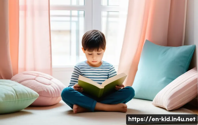 기질별 맞춤 양육법 - A warm, cozy scene of a sensitive child sitting quietly in a softly lit reading nook surrounded by p...