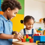 Home 20 조기교육의 장단점 - A bright, cheerful early childhood classroom scene featuring diverse children aged 3-5 engaged in im...