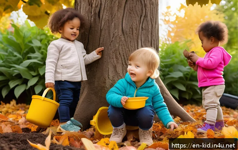 유아기 환경 교육 - A vibrant outdoor scene featuring a diverse group of toddlers wearing colorful, weather-appropriate ...