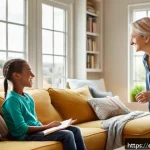Home 18 부모 교육 프로그램 - A warm and inviting family living room scene showing a parent actively listening to their school-age...