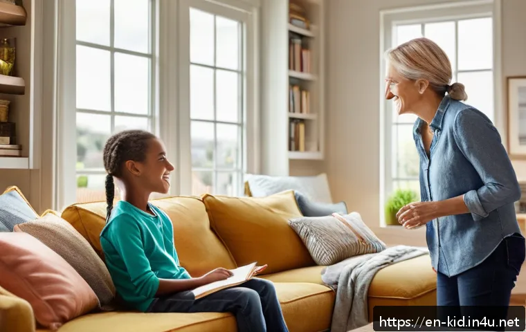 부모 교육 프로그램 - A warm and inviting family living room scene showing a parent actively listening to their school-age...
