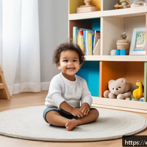 Home 17 유아기 문제 행동 해결법 - A warm, cozy toddler playroom with soft natural lighting, featuring a small child wearing comfortabl...