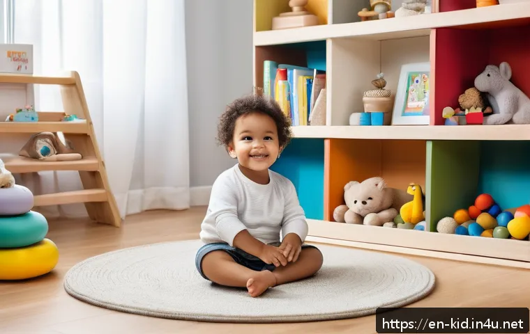 유아기 문제 행동 해결법 - A warm, cozy toddler playroom with soft natural lighting, featuring a small child wearing comfortabl...