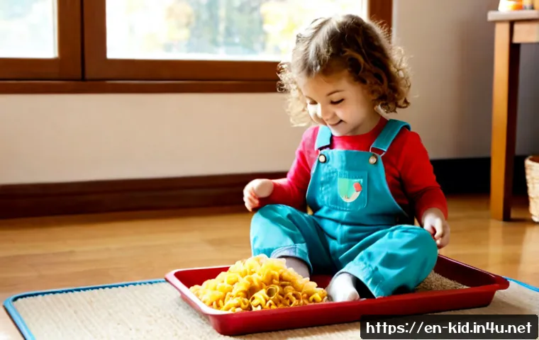 유아기 감각 통합 놀이 - Photorealistic early childhood sensory play at home, a smiling preschool child fully dressed in colo...
