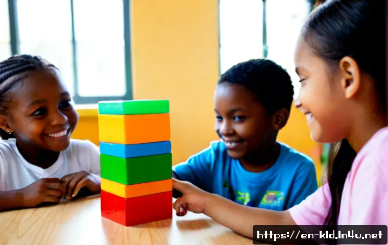 아이의 사회성 기르기 - Photorealistic candid scene of diverse elementary-age children building a colorful wooden block towe...
