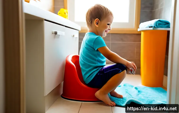 Home 17 유아기 대소변 훈련 - Photorealistic bright family bathroom scene, a cheerful toddler wearing colorful training pants sits...