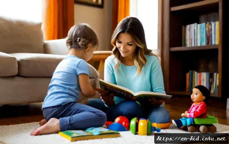 영유아 독서 지도 - Photorealistic warm family reading moment in a cozy American living room, a parent and toddler weari...